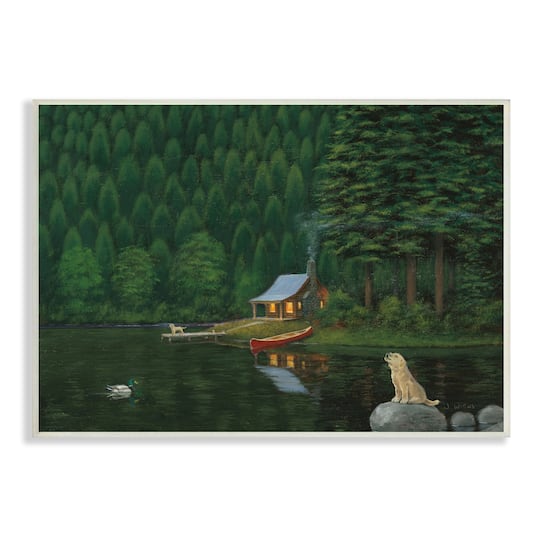 Stupell Industries Log Cabin Lakehouse Scene Pet Dogs Tree Forest Wall Plaque